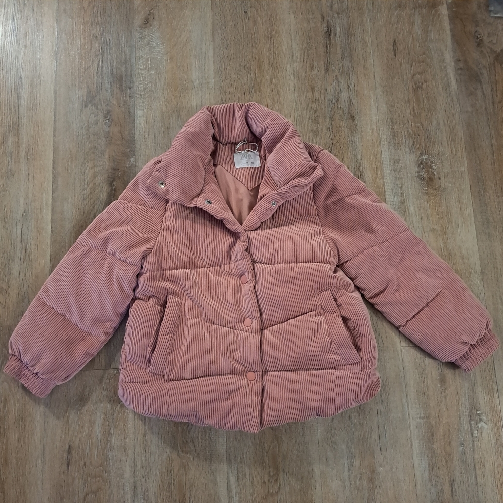 ZARA Youth Pink Corduroy Puffer Jacket Snap Buttons Size 11-12 Years